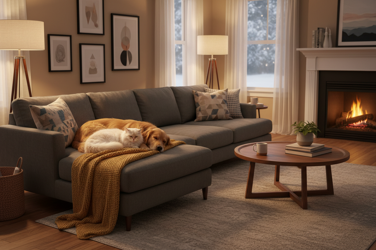 living room with a dog and cat 